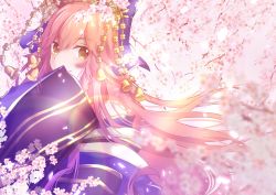 Rule 34 | 1girl, absurdres, bare shoulders, bell, blue kimono, cherry blossoms, closed mouth, covering own mouth, fate/grand order, fate (series), green eyes, hair between eyes, highres, japanese clothes, kimono, long hair, long sleeves, looking at viewer, off shoulder, official alternate costume, orange hair, sidelocks, smile, solo, tamamo (fate), tamamo no mae (fate/extra), tamamo no mae (third ascension) (fate), tsukioto, upper body, wide sleeves