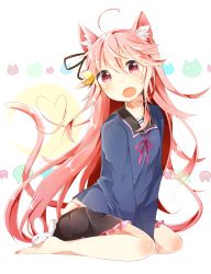 Rule 34 | 10s, 1girl, animal ears, barefoot, cat ears, clothes pull, crescent moon, fang, hair ornament, highres, kantai collection, long hair, moon, open mouth, panties, pink eyes, pink hair, ribbon, satou saya, school uniform, sitting, skirt, skirt pull, solo, striped clothes, striped panties, tail, underwear, uzuki (kancolle), very long hair