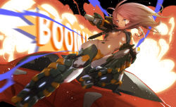Rule 34 | &gt;:&lt;, 1girl, :&lt;, arm support, blue eyes, blurry, breasts, car, closed mouth, depth of field, english text, explosion, groin, long hair, mechanical arms, mechanical legs, motor vehicle, original, pink hair, solo, sound effects, sunkist, v-shaped eyebrows