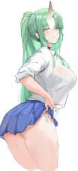 Rule 34 | 1girl, alternate costume, arknights, ass, blue skirt, blush, breasts, choker, clothes lift, commentary, cropped legs, english commentary, gnai, green hair, highres, horns, hoshiguma (arknights), large breasts, lifted by self, long hair, looking at viewer, looking back, miniskirt, panties, pleated skirt, ponytail, school uniform, shirt, shirt overhang, side-tie panties, sidelocks, simple background, single horn, skin-covered horns, skirt, skirt lift, sleeves rolled up, smile, solo, underwear, white background, white panties, white shirt, yellow eyes