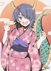 Rule 34 | 1girl, alternate costume, commentary request, cowboy shot, curled fingers, dragon girl, dragon horns, dragon tail, eyepatch, floral print, highres, horns, japanese clothes, kantai collection, kimono, obi, open mouth, pink kimono, purple hair, round teeth, sash, short hair, smile, solo, tail, taira yuuki, teeth, tenryuu (kancolle), upper teeth only, yellow eyes