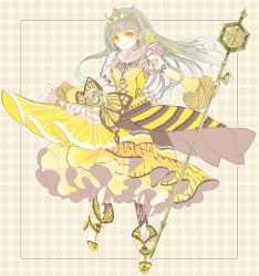 Rule 34 | 1girl, cake dress, cross-laced clothes, detached sleeves, dress, flower, food-themed clothes, full body, hanakagari, hexagon, high heels, holding, honey lemon cake, layered dress, lemon print, lolita fashion, long hair, long sleeves, looking at viewer, original, outstretched arm, personification, pocketland, rod, rose, silver hair, smile, solo, staff, striped clothes, striped dress, tiara, wand, yellow dress, yellow eyes, yellow flower, yellow rose