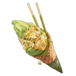 Rule 34 | commentary, dessert, english commentary, foil, food, food focus, green theme, ice cream cone, matcha (food), no humans, original, pocky, still life, studiolg, watermark, white background