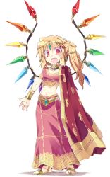 Rule 34 | 1girl, :d, alternate costume, blonde hair, blush, bracelet, bracer, earrings, fangs, female focus, flandre scarlet, jewelry, long hair, looking at viewer, navel, open mouth, red eyes, sandals, satou kibi, side ponytail, simple background, slit pupils, smile, solo, touhou, white background, wings