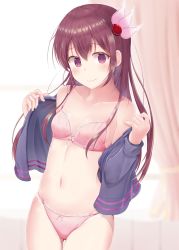 Rule 34 | 1girl, bare shoulders, blush, bow, bow bra, bow panties, bra, breasts, brown hair, closed mouth, collarbone, commentary request, curtains, frills, gluteal fold, hair between eyes, hair ornament, highres, holding, indoors, jacket, kantai collection, kisaragi (kancolle), kisaragi kai ni (kancolle), lace, lace-trimmed bra, lace-trimmed panties, lace trim, long hair, looking at viewer, minakami mimimi, navel, panties, pink bra, pink panties, purple eyes, school uniform, small breasts, smile, solo, standing, underwear, underwear only, undressing
