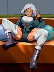 Rule 34 | 1girl, artist request, ass, asticassia school uniform, blue eyes, breasts, dark-skinned female, dark skin, green jacket, green shorts, grey hair, gundam, gundam suisei no majo, halterneck, head tilt, highres, holding, holding phone, jacket, large breasts, legs apart, looking at viewer, lying, nail polish, open clothes, open jacket, phone, secelia dote, shiny skin, short hair, shorts, simple background, solo, thick thighs, thighhighs, thighs, white nails, white thighhighs, wide hips