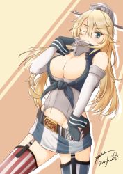 Rule 34 | 10s, 1girl, asymmetrical legwear, bare shoulders, belt, blonde hair, blue eyes, breasts, cleavage, cowboy shot, dated, elbow gloves, fingerless gloves, front-tie top, garter straps, gloves, gurifu, headgear, iowa (kancolle), kantai collection, large breasts, long hair, looking at viewer, miniskirt, mismatched legwear, one eye closed, signature, skirt, solo, star-shaped pupils, star (symbol), striped clothes, striped skirt, striped thighhighs, symbol-shaped pupils, thighhighs, vertical-striped clothes, vertical-striped skirt, vertical-striped thighhighs, zettai ryouiki