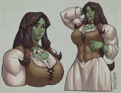 Rule 34 | 1girl, absurdres, arm behind head, artist name, breasts, brown choker, brown hair, choker, colored skin, dress, female orc, fraeya (m4rjinn), green skin, grey background, highres, jewelry, large breasts, long hair, looking at viewer, looking to the side, m4rjinn, multiple views, necklace, orc, original, pointy ears, red eyes, simple background, tooth necklace, white dress