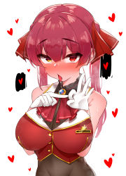 Rule 34 | 1girl, absurdres, armpit crease, blush, breasts, choker, cleavage, commentary, cropped jacket, drooling, english commentary, eyelashes, frilled choker, frills, gold trim, hair ribbon, hands up, heart, heterochromia, highres, hololive, honeymelon, houshou marine, in heat, jacket, large breasts, leotard, leotard under clothes, looking at viewer, neckerchief, ok sign, penetration gesture, red eyes, red hair, red jacket, red neckerchief, red ribbon, ribbon, saliva, see-through, see-through cleavage, sexually suggestive, shadow, shiny clothes, sidelocks, simple background, sleeveless, sleeveless jacket, solo, steaming body, sweatdrop, tongue, tongue out, twintails, upper body, virtual youtuber, white background, yellow eyes
