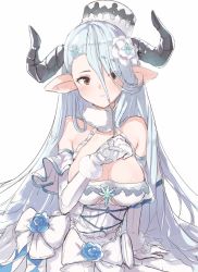 Rule 34 | 1girl, bare shoulders, blue flower, blue rose, blush, breasts, brown eyes, cleavage, curled horns, draph, dress, elbow gloves, eyes visible through hair, flower, fur-trimmed gloves, fur trim, gloves, granblue fantasy, hair between eyes, hair over one eye, hat, highres, horns, izmir, large breasts, long hair, looking at viewer, mini hat, parted lips, pointy ears, ripu (lipi), rose, silver hair, simple background, solo, very long hair, white background, white dress, white flower, white gloves, white hat
