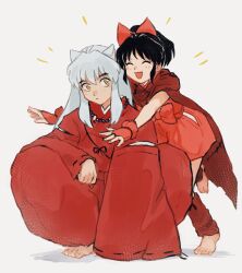 Rule 34 | 1boy, 1girl, animal ears, barefoot, black hair, bow, cape, closed eyes, dog ears, father and daughter, full body, hair bow, han&#039;you no yashahime, highres, hug, hug from behind, inuyasha, inuyasha (character), japanese clothes, jewelry, kimono, long hair, long sleeves, moroha (inuyasha), necklace, open mouth, ponytail, red bow, red kimono, sidelocks, squatting, white background, white hair, wide sleeves, yellow eyes, zuchi wan