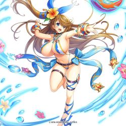 Rule 34 | 1girl, ball, barefoot, belt, blue eyes, blue nails, blush, bow, bracelet, breasts, cleavage, cyclops (kamihime), eyes visible through hair, flower, hair flower, hair ornament, huge breasts, jewelry, kamihime project, leg ribbon, light brown hair, long hair, nail polish, official art, open mouth, ponytail, revealing clothes, ribbon, slingshot swimsuit, smile, solo, standing, swept bangs, swimsuit, thigh strap, very long hair, water