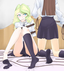 Rule 34 | 2girls, absurdres, ass, bdsm, bed, bed sheet, bedroom, blue eyes, blue sash, blue scarf, blush, bondage, bound, brown hair, diana cavendish, femdom, headboard, highres, kagari atsuko, little witch academia, long hair, looking at another, luna nova school uniform, multicolored hair, multiple girls, numbery, open mouth, restrained, rope, sash, scarf, school uniform, simple background, sitting, skirt, sock dangle, spread legs, surprised, teeth, thighs, tongue, two-tone hair, wavy hair, white background, yuri