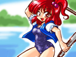 Rule 34 | 1girl, breasts, electric wind instrument, female focus, instrument, jacket, nature, no pants, one-piece swimsuit, onozuka komachi, open clothes, open jacket, outdoors, plant, red eyes, red hair, school swimsuit, sky, solo, swimsuit, swimsuit under clothes, touhou, winn
