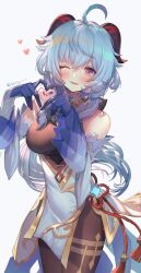Rule 34 | 1girl, ahoge, animal ears, bare shoulders, black bow, black gloves, black horns, blue hair, blush, bodystocking, bow, breasts, commentary, cowboy shot, detached sleeves, ganyu (genshin impact), genshin impact, gloves, hanato (seonoaiko), hands up, heart, heart hands, highres, horns, long hair, long sleeves, looking at viewer, medium breasts, one eye closed, parted lips, paw print, paw print background, purple eyes, smile, solo, tail, tail bow, tail ornament, tail raised, very long hair, vision (genshin impact), wide sleeves