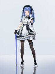 Rule 34 | 1girl, absurdres, asymmetrical gloves, bare shoulders, black gloves, black pantyhose, blue eyes, blue hair, copyright request, cyan (user uefk4847), dress, full body, gloves, grey background, grey footwear, grey hair, highres, holding, holding sword, holding weapon, holster, long hair, maid, maid headdress, mismatched gloves, multicolored hair, pantyhose, shoes, simple background, solo, standing, streaked hair, sword, thigh holster, twintails, weapon, white dress, white gloves