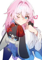 Rule 34 | 1girl, 1other, ;), anger vein, angry, animal ears, archery shooting glove, black choker, blue eyes, blue hair, blue jacket, choker, closed mouth, commentary request, cropped torso, earrings, gradient eyes, hair between eyes, hair intakes, hands up, heart, highres, honkai: star rail, honkai (series), hug, jacket, jewelry, long sleeves, looking at viewer, lop rabbit ears, march 7th (honkai: star rail), medium hair, multicolored eyes, one eye closed, partially fingerless gloves, pink hair, pom-pom (honkai: star rail), rabbit ears, shirt, shotgunman, sidelocks, single earring, smile, tied jacket, two-tone eyes, upper body, white background, white shirt