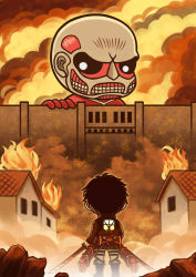 Rule 34 | 2boys, angry, back, belt, black sclera, blade, boots, brown hair, burning, burning building, chibi, colored sclera, colossal titan, dual wielding, eren yeager, fire, from behind, holding, house, jacket, multiple boys, parody, rubble, shingeki no kyojin, short hair, smoke, three-dimensional maneuver gear, titan (shingeki no kyojin), uniform, wall, weapon, windgun