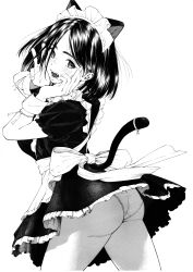 Rule 34 | 1girl, absurdres, animal ears, apron, ass, blush, cat ears, cat tail, crosshatching, dress, fake animal ears, fake tail, frilled dress, frills, from side, gagaimo, greyscale, hair over one eye, hands on own cheeks, hands on own face, hatching (texture), highres, looking at viewer, maid, maid apron, maid headdress, monochrome, open mouth, original, panties, short hair, solo, tail, teeth, thighs, traditional media, underwear, wedgie, wrist cuffs