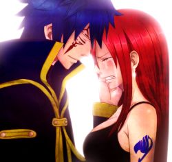 Rule 34 | 1boy, 1girl, blue hair, breasts, clenched teeth, couple, erza scarlet, fairy tail, jellal fernandes, large breasts, long hair, red hair, short hair, tattoo, tears, teeth