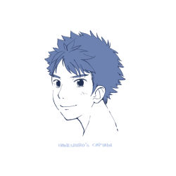 Rule 34 | 1boy, blue theme, closed mouth, english text, kizuna striker!, kune (kune kune project), looking at viewer, male focus, monochrome, portrait, shimosaka hayato, simple background, smile, solo, spiked hair, white background