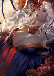 Rule 34 | 1girl, breasts, cleavage, female focus, flower, highres, japanese clothes, large breasts, lips, lipstick, long hair, lsr, lying, makeup, off shoulder, on back, original, parted lips, petals, red eyes, rose, solo, wavy hair, white hair