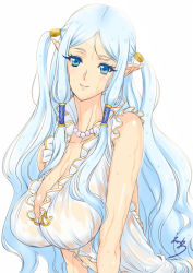 Rule 34 | 1girl, blue eyes, blue hair, breasts, cleavage, eiwa, hair ornament, huge breasts, long hair, matching hair/eyes, pointy ears, princess, queen&#039;s blade, queen&#039;s blade grimoire, smile, solo, tina (queen&#039;s blade), wet, wet clothes