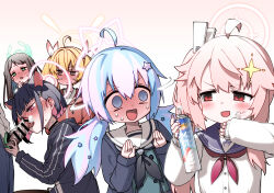 Rule 34 | 1boy, 5girls, ahoge, airi (blue archive), animal ears, asymmetrical hair, bar censor, black hoodie, blonde hair, blue archive, blue eyes, blue hair, blue jacket, blue sailor collar, blush, brown eyes, brown hair, cat ears, cat girl, censored, closed mouth, colored inner hair, commentary request, fellatio, full-face blush, gradient background, green eyes, green shirt, hair ornament, halo, highres, hitotose rin, hood, hood down, hoodie, jacket, kazusa (blue archive), licking, licking penis, light blue hair, long hair, long sleeves, male pubic hair, multicolored hair, multiple girls, natsu (blue archive), neckerchief, no pupils, nose blush, open mouth, oral, out of frame, penis, pink eyes, pink hair, pink neckerchief, pubic hair, puffy long sleeves, puffy sleeves, red eyes, red jacket, reisa (blue archive), sailor collar, school uniform, serafuku, shirt, short hair, sleeve cuffs, sleeves past wrists, star (symbol), star hair ornament, star halo, sweat, sweater, twintails, two-tone hair, upper body, whipped cream, white sailor collar, white sweater, yoshimi (blue archive)