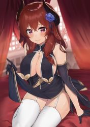 Rule 34 | 1girl, absurdres, ayul (ayulneri 92), azur lane, bare shoulders, black dress, black gloves, blue flower, blurry, breast curtains, breasts, brown hair, china dress, chinese clothes, cleavage, cosplay, curtains, depth of field, detached sleeves, dress, flower, garter straps, gloves, hair flower, hair ornament, half gloves, highres, horns, large breasts, long hair, looking at viewer, original, pelvic curtain, purple eyes, sirius (azur lane), sirius (azur lane) (cosplay), sirius (azure horizons) (azur lane), sitting, smile, solo, thighhighs, thighs, white thighhighs, wide sleeves