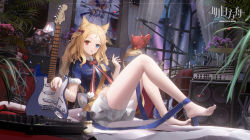 Rule 34 | 1girl, absurdres, amplifier, animal, animal ears, archetto (arknights), archetto (publicity strategy) (arknights), arknights, bare legs, barefoot, blonde hair, blue eyes, blue shirt, bow, bow (weapon), bowtie, candlestand, copyright name, electric guitar, frilled skirt, frills, full body, guitar, hair bow, hand up, heterochromia, highres, indoors, instrument, knees up, lamp, legs, ling dianxia, lion ears, lion girl, lion tail, long hair, looking at viewer, microphone, microphone stand, mixing console, parted lips, plant, potted plant, pouch, red bird, red bow, red bowtie, red eyes, shirt, short sleeves, sitting, skirt, solo, tail, thighs, weapon, white skirt, window