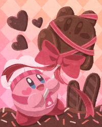 Rule 34 | :d, argyle, argyle background, argyle clothes, blue eyes, blush, blush stickers, bow, candy, chef hat, chocolate, commentary request, food, hat, heart, heart blush stickers, highres, holding, holding candy, holding food, holding lollipop, kirby, kirby (series), lollipop, miclot, nintendo, no humans, open mouth, pink background, red bow, red ribbon, ribbon, simple background, smile, sprinkles, standing, white headwear