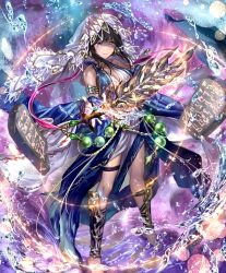 Rule 34 | 1girl, armlet, artist request, bare shoulders, barefoot, beads, brown hair, chain, cygames, looking at viewer, medium hair, official art, prophetess of creation, purple eyes, shadowverse, shin guards, smile, stone tablet, veil, water