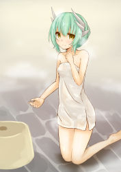 Rule 34 | 1girl, absurdres, artist request, bare arms, bare shoulders, barefoot, bath towel, blush, collarbone, fate/grand order, fate (series), gradient background, green eyes, green hair, headgear, highres, kagari3, kiyohime (fate), kneeling, looking at viewer, matching hair/eyes, naked towel, no legwear, shiny skin, short hair, side slit, smile, solo, stone floor, towel, yellow eyes