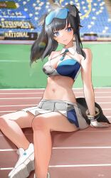 Rule 34 | 1girl, absurdres, animal ears, black hair, blue archive, blue eyes, breasts, cheerleader, cleavage, commentary request, detached collar, dog ears, dog tail, eyewear on head, facial mark, halo, hibiki (blue archive), hibiki (cheer squad) (blue archive), highres, kapo, long hair, medium breasts, millennium cheerleader outfit (blue archive), navel, official alternate costume, open mouth, pleated skirt, ponytail, safety glasses, shoes, skirt, solo, star (symbol), tail, white footwear, white skirt, yellow halo
