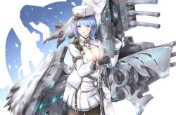 Rule 34 | 1girl, absurdres, azur lane, black gloves, blue eyes, blue hair, blush, breasts, chain, chapayev (azur lane), gloves, gudon (iukhzl), hair ornament, hairclip, hat, highres, jacket, large breasts, looking at viewer, machinery, military hat, mole, mole on breast, peaked cap, short hair, smile, solo, turret, white hat, white jacket