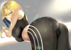 Rule 34 | 1girl, ass, ass focus, azur lane, bare arms, bare shoulders, black sports bra, blonde hair, blue eyes, blush, brand name imitation, breasts, can, cross hair ornament, hair ornament, hairclip, holding, holding can, large breasts, looking at viewer, marblehead (azur lane), marblehead (boxing girl!) (azur lane), midriff, multicolored hair, pants, pink hair, sakurai kouji, shirt, short hair with long locks, sleeveless, smile, solo, sports bra, standing, sunlight, symbol-shaped pupils, two-tone hair