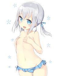 Rule 34 | 1girl, bikini, bikini bottom only, blue bikini, blue eyes, blue ribbon, blush, breasts, collarbone, commentary request, covering privates, covering breasts, hair between eyes, hair ribbon, head tilt, long hair, looking at viewer, low twintails, navel, okota mikan, open mouth, original, ribbon, side-tie bikini bottom, silver hair, small breasts, solo, swimsuit, thigh gap, topless, twintails, wavy mouth, white background