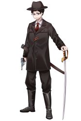 Rule 34 | 1boy, absurdres, black hair, black headwear, black suit, boots, formal, glasses, gun, handgun, highres, male focus, mr.j.and, necktie, non-web source, original, red tie, scp foundation, shirt, suit, sword, walther, walther p38, weapon, white shirt