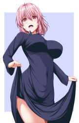 Rule 34 | 1girl, :d, alternate costume, black dress, blue background, breasts, commentary, cowboy shot, dress, gradient background, hair between eyes, highres, impossible clothes, impossible dress, large breasts, light blush, long sleeves, looking at viewer, medium hair, nori tamago, open mouth, pink hair, red eyes, saigyouji yuyuko, simple background, skirt hold, smile, solo, thighs, touhou