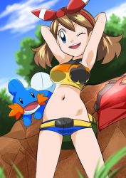 Rule 34 | 1girl, blue eyes, breasts, brown hair, creatures (company), curvy, female focus, forest, game freak, gen 3 pokemon, grass, hainchu, happy, highres, large breasts, may (pokemon), mudkip, nature, nintendo, one eye closed, pokemon, pokemon (creature), pokemon oras, shiny skin, short shorts, shorts, sky, wink