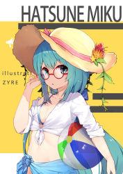 Rule 34 | 1girl, artist name, ball, beachball, bikini, bikini top only, blue eyes, blue hair, blue ribbon, breasts, character name, cleavage, dress shirt, hair between eyes, hair ribbon, hat, hat ribbon, hatsune miku, highres, holding, holding ball, long hair, looking at viewer, midriff, navel, open clothes, open shirt, pink ribbon, ponytail, red-framed eyewear, ribbon, sarong, shirt, small breasts, solo, standing, stomach, straw hat, swimsuit, tied shirt, transparent, upper body, very long hair, vocaloid, white bikini, white shirt, yellow hat, zhayin-san