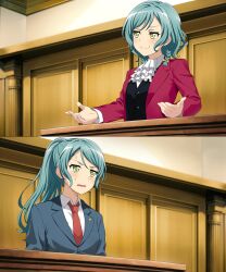 Rule 34 | 2girls, ace attorney, aqua hair, ascot, bang dream!, blue jacket, bow, braid, buttons, commentary, cosplay, courtroom, english commentary, fries vanquisher, green eyes, highres, hikawa hina, hikawa sayo, indoors, jacket, lapel pin, long hair, miles edgeworth, miles edgeworth (cosplay), multiple girls, necktie, nervous sweating, parody, phoenix wright, phoenix wright (cosplay), ponytail, rectangular mouth, red jacket, red necktie, shirt, short hair, siblings, side braids, sisters, smirk, smug, sweat, table, twin braids, twins, upper body, waistcoat, white shirt
