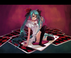 Rule 34 | 1girl, adjusting hair, aqua hair, arm support, black thighhighs, blue eyes, blush, breasts, card, choker, closed mouth, collarbone, dress, eyebrows, hair ornament, hair ribbon, hatsune miku, holding, holding hair, leg lift, letterboxed, long hair, long twintails, looking at viewer, matching hair/eyes, no shoes, oversized object, pisuke, ribbon, short sleeves, sitting, small breasts, smile, solo, spread legs, thighhighs, twintails, very long hair, vocaloid, wavy hair, white dress, world is mine (vocaloid)