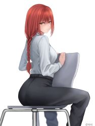 Rule 34 | 1girl, absurdres, artist name, ass, black pants, blush, braid, braided ponytail, breasts, brown eyes, chainsaw man, chair, closed mouth, cozie178, feet out of frame, highres, long hair, looking at viewer, looking to the side, makima (chainsaw man), pants, red hair, shirt, sideboob, sitting, smile, solo, white background, white shirt