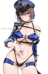 Rule 34 | 1girl, azur lane, baltimore (azur lane), baltimore (finish line flagbearer) (azur lane), bikini, black bikini, black gloves, blue bikini, blue headwear, blue jacket, blush, breasts, brown hair, choker, cleavage, collarbone, cropped jacket, flag, gloves, grin, halcon, highleg, highleg bikini, highres, jacket, large breasts, long sleeves, looking at viewer, micro shorts, mismatched bikini, navel, official alternate costume, race queen, short hair, shorts, single glove, sky, smile, solo, swimsuit, thighs, yellow eyes