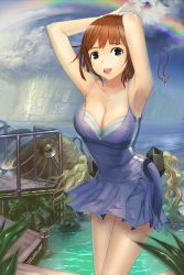 Rule 34 | 1girl, armpits, arms up, bad id, bad pixiv id, blue eyes, breasts, brown hair, cleavage, cloud, dress, large breasts, leaning forward, original, rainbow, shijima (tanfn), short dress, smile, solo, water