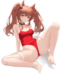 Rule 34 | 1girl, absurdres, angelina (arknights), angelina (summer flower) (arknights), animal ear fluff, animal ears, arknights, arm support, bad id, bad pixiv id, bare arms, bare legs, bare shoulders, barefoot, blush, breasts, casual one-piece swimsuit, cleavage, closed mouth, clothes lift, collar, collarbone, covered navel, female focus, fox ears, full body, hair ribbon, highres, infection monitor (arknights), leaning back, lifting own clothes, long hair, looking at viewer, medium breasts, official alternate costume, one-piece swimsuit, red eyes, red one-piece swimsuit, red ribbon, ribbon, sidelocks, simple background, smile, solo, spread legs, swimsuit, swimsuit lift, twintails, white background, yume (454565427)