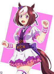 Rule 34 | 1girl, :d, absurdres, animal ears, artist name, back bow, bow, brown hair, collared shirt, commentary, cowboy shot, ear ribbon, frilled skirt, frills, hachimaki, headband, highres, horse ears, horse girl, horse tail, jacket, kyoukyan, looking at viewer, miniskirt, multicolored hair, neck ribbon, open mouth, outline, pleated skirt, purple background, purple bow, purple eyes, purple ribbon, purple vest, ribbon, shirt, short hair, short sleeves, signature, skirt, smile, solo, special week (umamusume), standing, tail, thighhighs, two-tone hair, umamusume, vest, white hair, white headband, white jacket, white outline, white shirt, white skirt, white thighhighs, wing collar, wristband