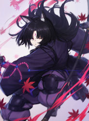 Rule 34 | 1girl, absurdres, animal ear fluff, animal ears, arknights, autumn leaves, beads, black hair, brown eyes, closed mouth, dog ears, dog girl, facial mark, forehead mark, gradient background, highres, holding, holding weapon, japanese clothes, kimono, knee pads, leaf, long hair, long sleeves, looking at viewer, maple leaf, one eye closed, pants, parted bangs, prayer beads, puffy pants, purple kimono, purple pants, saga (arknights), solo, very long hair, weapon, white background, wide sleeves, xian yu mo ren