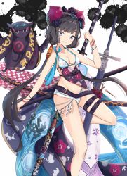 Rule 34 | 1girl, absurdres, animal, bikini, black hair, blue eyes, blush, breasts, calligraphy brush, cleavage, closed mouth, commentary request, eyebrows hidden by hair, fate/grand order, fate (series), floral print, goggles, goggles on head, groin, hair ornament, head tilt, highres, ink stain, katana, katsushika hokusai (fate), katsushika hokusai (swimsuit saber) (fate), long hair, looking at viewer, low twintails, medium breasts, octopus, paintbrush, sheath, sheathed, smile, standing, standing on one leg, swimsuit, sword, tokitarou (fate), twintails, very long hair, weapon, white background, white bikini, yukaa